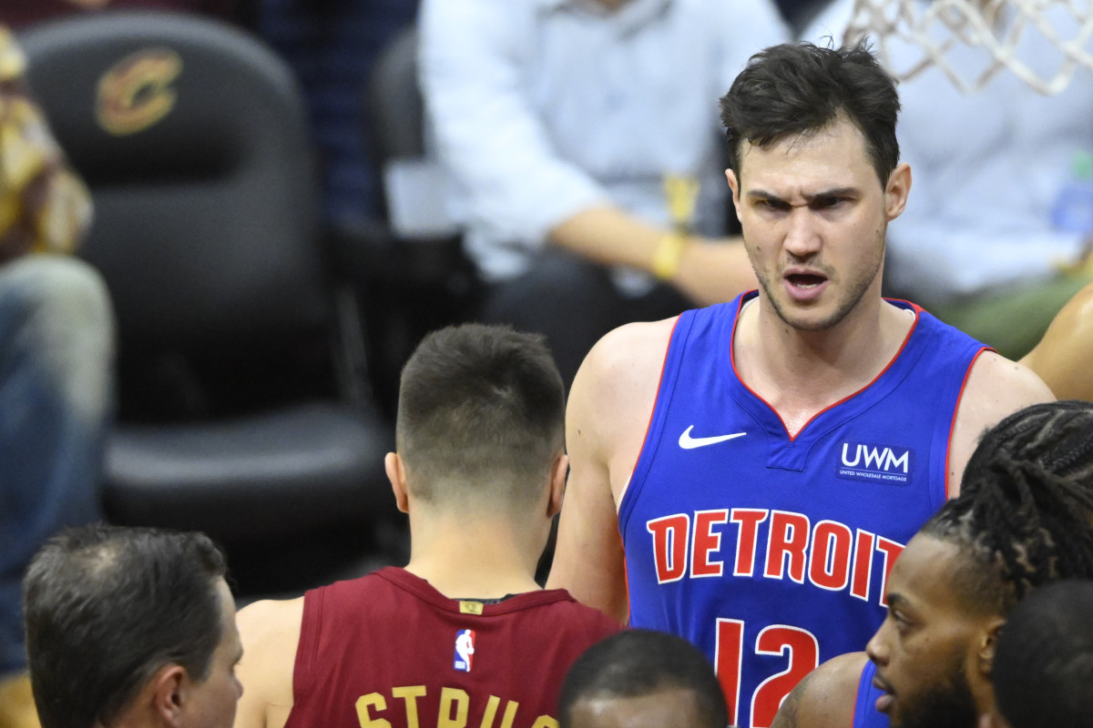 Jan 31, 2024; Cleveland, Ohio, USA; Detroit Pistons forward Danilo Gallinari (12) reacts after a play against Cleveland Cavaliers guard Max Strus (1) in the fourth quarter at Rocket Mortgage FieldHouse.